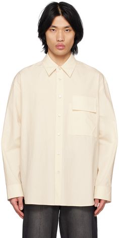 Cotton poplin shirt. · Spread collar · Button closure · Patch pocket at chest · Shirttail hem · Button vent at side seams · Single-button barrel cuffs · Logo plaque at back collar · Twin pleats at back yoke · Mother-of-pearl hardware Supplier color: Beige Poplin Button-up Shirt With Buttons, Long Sleeve Poplin Shirt With Button Closure, Poplin Collared Shirt With Button Closure, Poplin Collared Shirt, Collared Poplin Shirt With Button Cuffs, Cotton Poplin Shirt, Silver Engraving, Men Shirt Style, Pocket Shirt