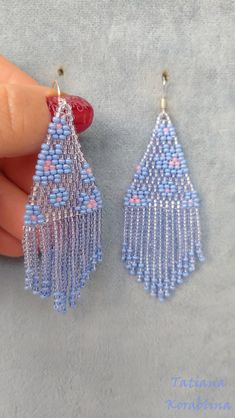 These handmade unique earrings with abstract floral print  are made of high-quality Czech beads and strong synthetic thread. I use my author's scheme . They are elegant, fashionable, and highly versatile, suitable for everyday wear. Color:blue,light blue,pink.  I beg you not to copy my authoring  100% hand made with love! Measurements: Length-9 cm (with schwenze) ,   Width -3 cm Materials: Silver   plated ear hooks Czech glass beads Nylon Thread Chandelier Boho, Beaded Earrings Native, Earrings Chandelier, Etsy Seo, Seed Beading, Bead Charms Diy, Abstract Floral Print, Gifts For An Artist, Etsy Sales