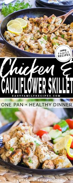 chicken cauliflower skillet on a platter with lemons and cucumbers