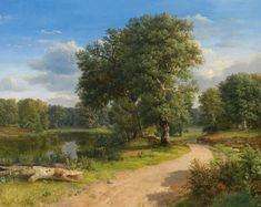 a painting of a dirt road near a river