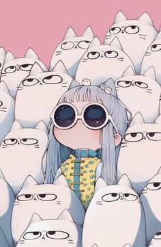 a woman with sunglasses standing in front of many white cats, all staring at the same direction