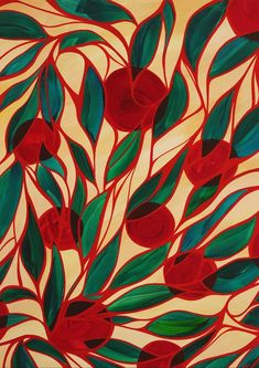 an abstract painting with red flowers and green leaves