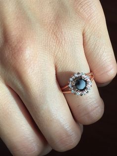 Flower Diamond Ring, White Diamond Rings Engagement, Black Onyx Jewelry, Black Diamond Jewelry, Rose Gold Diamond Ring Engagement, Rose Gold Flower, Black Engagement Ring, Black Diamond Engagement, Black Diamond Ring Engagement