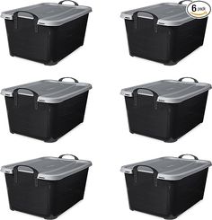 six black storage boxes with lids and handles on each side, all in different sizes