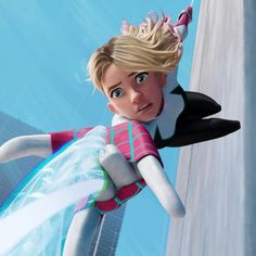 the animated character is wearing a pink and white outfit, holding onto a surfboard