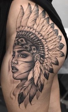 Native Tattoo Idea Woman Tattoo Sleeve Black And White, Indian Hip Tattoo, Taino Indian Tattoo, Native Woman Tattoo, Indian Girl Tattoo, Tattoo Indien, Indian Headdress Tattoo, Indian Women Tattoo, Tattoo Bein Frau