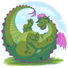 a green and pink dragon sitting on top of a grass covered field next to a blue sky