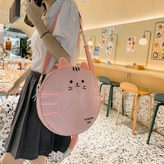 Kawaii Cat Circle Handbag - Pastel Kitten Casual Pink Shoulder Bag With Cat Design, Pink Cat Design Shoulder Bag For School, Circle Handbag, Kawaii Handbags, Kawaii Accessories, Kawaii Aesthetic, Kawaii Cat, Goth Outfits, Pastel Goth