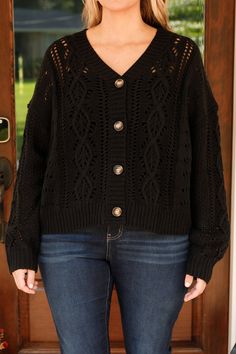 This comfy cardi will put a smile on your face! The classic black color is just what you need for the season! The stretchy, flattering fit is perfect for layering over all of your fave outfits! Style this cardigan with a cute tank and skinnies for an everyday chic look! 100% Acrylic Black Cable Knit Cardigan For Layering, Black Cable Knit Casual Cardigan, Casual Black Cable Knit Cardigan, Everyday Black Knit Cardigan, Black Knit Everyday Cardigan, Black Knit Cardigan For Everyday, Everyday Chic, Cardigan Black, Smile On