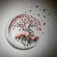 a drawing of a tree on the moon with birds flying around it and red flowers