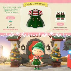 an animal crossing character is standing in front of some christmas trees and presents on display