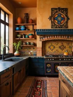 a kitchen with an oven, sink and counter top