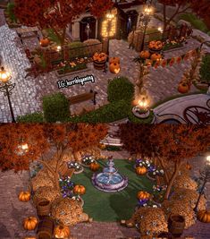 two screens showing the different levels of an outdoor area with pumpkins, trees and lights