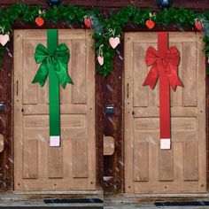 two wooden doors decorated with christmas bows and hearts are shown in front of the door