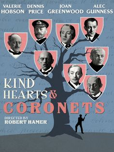 a movie poster for the film kind hearts and coronets, with an image of a man standing in front of a tree