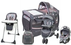 two baby strollers and a highchair are next to each other in this set