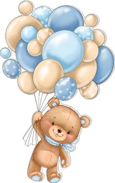 a brown teddy bear holding blue and white balloons in it's mouth while flying through the air