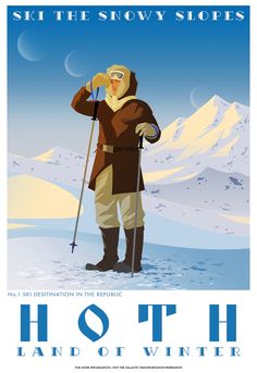 a man in ski gear standing on top of a snow covered slope with the words hoth land of winter written below him