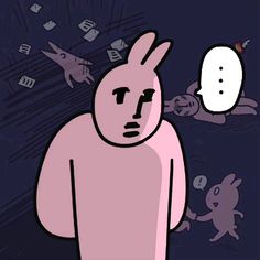 an animated image of a man with a rabbit face on his chest and another bunny in the background