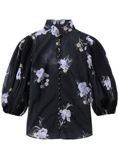 black/multicolour iris floral print rear zip fastening front button fastening stand-up collar pleated puff sleeves straight hem Spring Office Tops With Stand Collar, Spring Black Blouse With Pleated Sleeves, Black Blouse With Pleated Sleeves For Spring, Floral Print Puff Sleeve Top For Work, Puff Sleeve Floral Print Top For Work, Button Blouse, Yoko London, Exclusive Fashion, Blouse Black