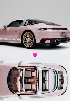 the pink sports car is shown from above, and below it's image are two different views