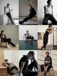 a collage of men sitting and standing in different poses