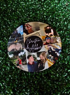 a round photo collage on top of a green wall covered in photos and words