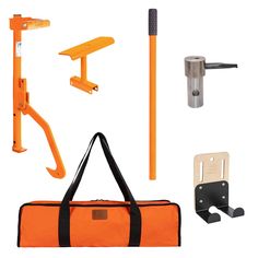 an assortment of tools including a tool bag, pipe cutters, and other items