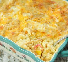 a casserole dish with macaroni and cheese in it on a table