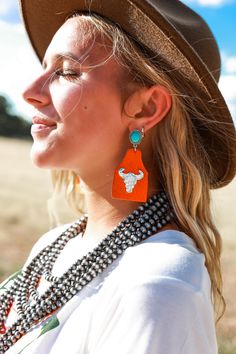 Take A Number Cowboy Orange Cowhide Copper Cow Skull Stud Earrings Earring Trends, Cow Skull, Western Jewelry, Earring Sale, Dainty Jewelry, Indian Jewelry, Shop Earrings, Statement Earrings, Take A