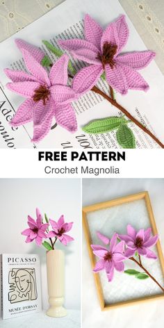 crochet flowers are shown in three different pictures and the text is free pattern