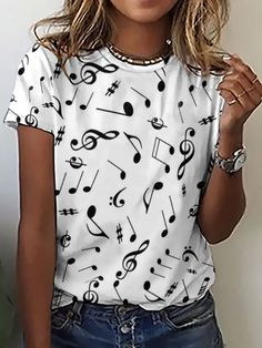 Loosen Crew Neck Casual T-Shirts is fashionable and cheap, come to Lilicloth to find out about the Clothing Nota Musical, Notes Style, Shirts Women Fashion, Music Note, Kids Beachwear, White Casual, Plus Size Casual, Music Notes, Plus Size Tops