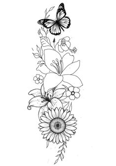 a line drawing of flowers and butterflies