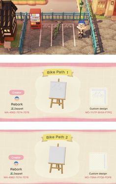 an animal crossing game is shown in two separate screens, one with a painting easel and the other without