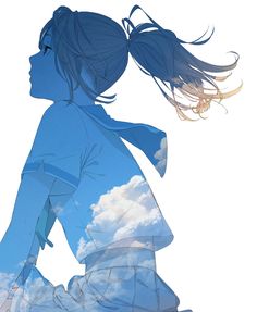 a woman with long hair standing in front of clouds