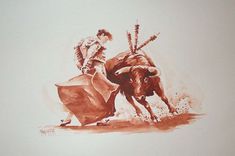 a drawing of a man riding on the back of a bull