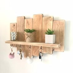 a wooden shelf with key hooks and plants on it