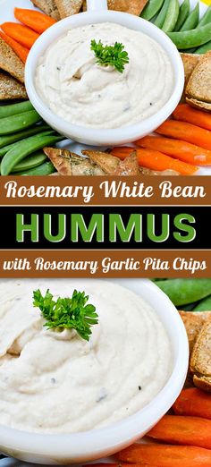 hummus with rosemary garnish and pita chips on the side in white bowls