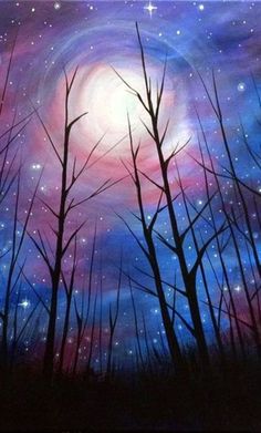 a painting with trees and stars in the sky