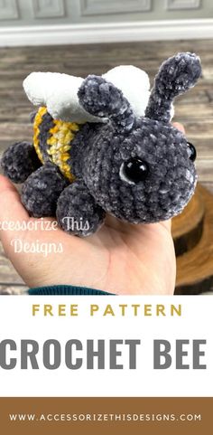 a hand holding a small crochet bee in it's right hand with text overlay that reads free pattern