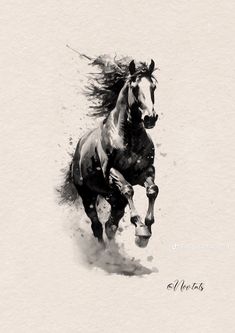 a black and white photo of a running horse