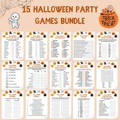 the halloween party games bundle is shown in orange and white with text that reads, 15 halloween