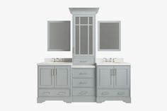 a bathroom vanity with two mirrors and double sinks in grey color, on white background