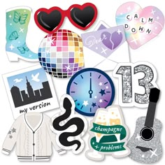 various stickers and magnets are arranged in the shape of a clock, jacket, sunglasses, heart shaped balloons, and other items