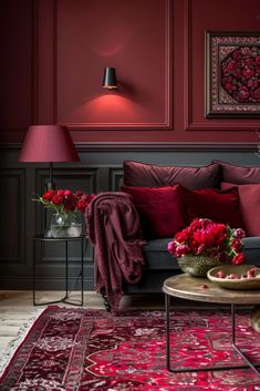 a living room filled with furniture and flowers on top of a red carpeted floor