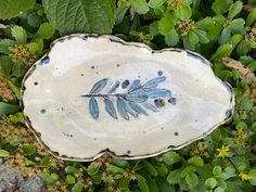 a blue and white plate sitting on top of some green leaves in the grass next to plants