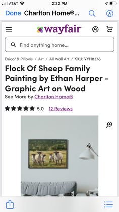 an image of a living room with sheep on the wall and text that reads, flock of sheep family painting by ellen harper graph art on wood