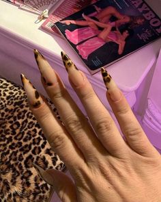 Rihanna Inspired Nails, Leopard Print Halloween Nails, Gray Leopard Print Nails, Leopard Foil Nails, Leopard Print Square Nails, Brown And Blue Acrylic Nails, Xl Y2k Nails, Fall Themed Nails Almond, Leopard Print Stiletto Nails