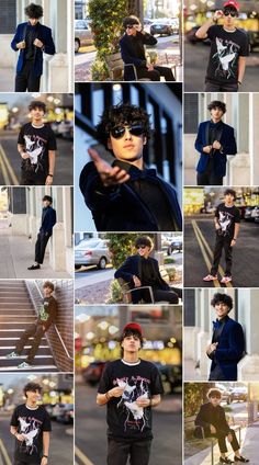 a collage of photos shows a young man in various poses