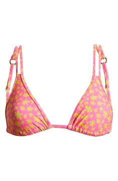 Doubled halter straps provide extra support in this vacay-ready bikini top with slidable triangle cups and a tropical print. Ties at neck and back Lined 80% polyester, 20% elastane Machine wash, line dry Imported Tropical Triangle Halter Top For Sunbathing, Summer Halter Top With Removable Bra Pads, Summer Halter Top With Underwire And Adjustable Straps, Tropical Triangle Halter Top With Adjustable Straps, Tropical Triangle Halter Top For Vacation, Pink Triangle Swimwear, Summer Triangle Halter Top For Sunbathing, Summer Triangle Halter Top With Padded Cups, Summer Triangle Swimwear With Adjustable Straps